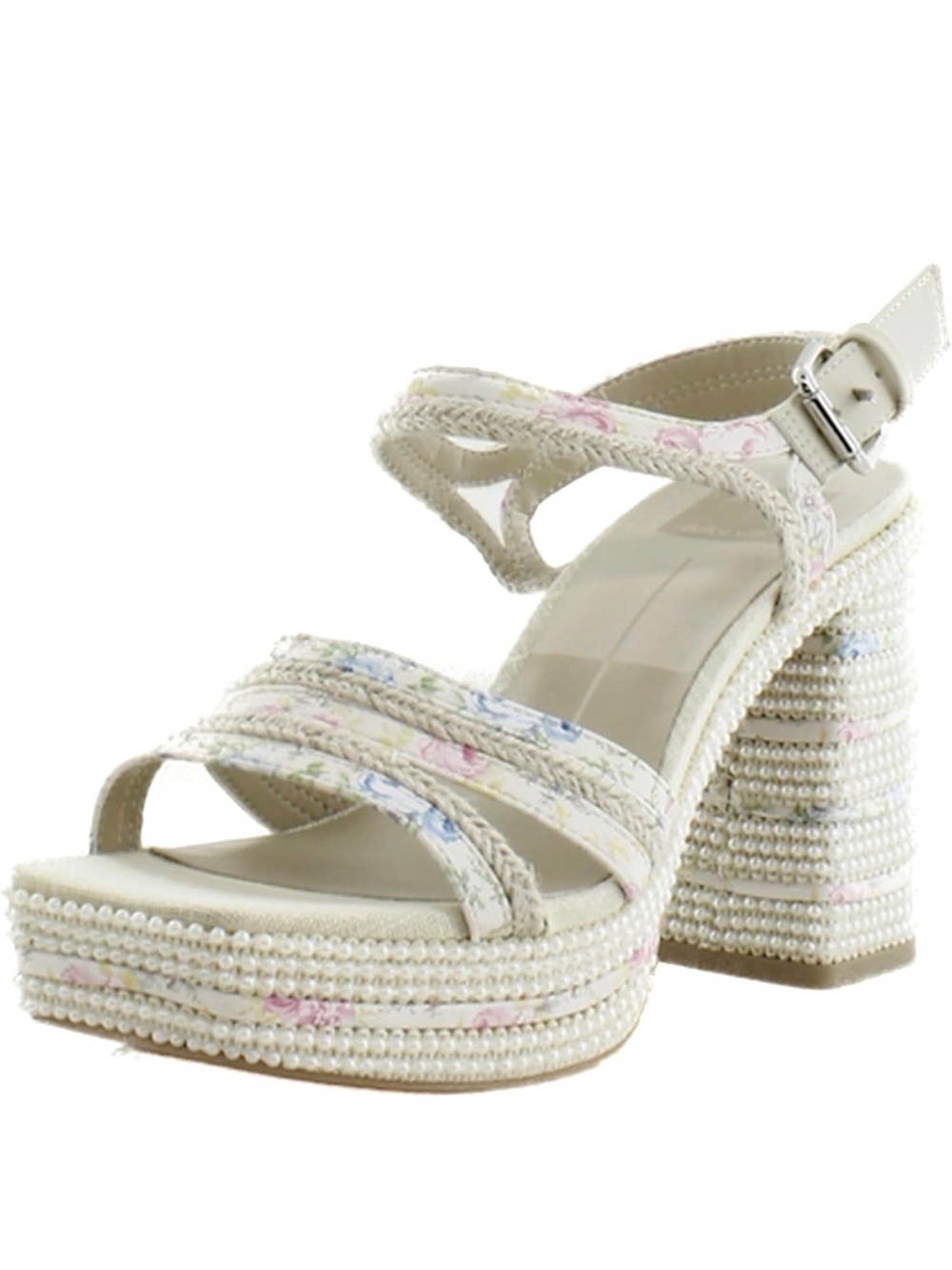 Dolce Vita Cream Floral Espadrille Block Heel Sandals with Pink & Blue Trim